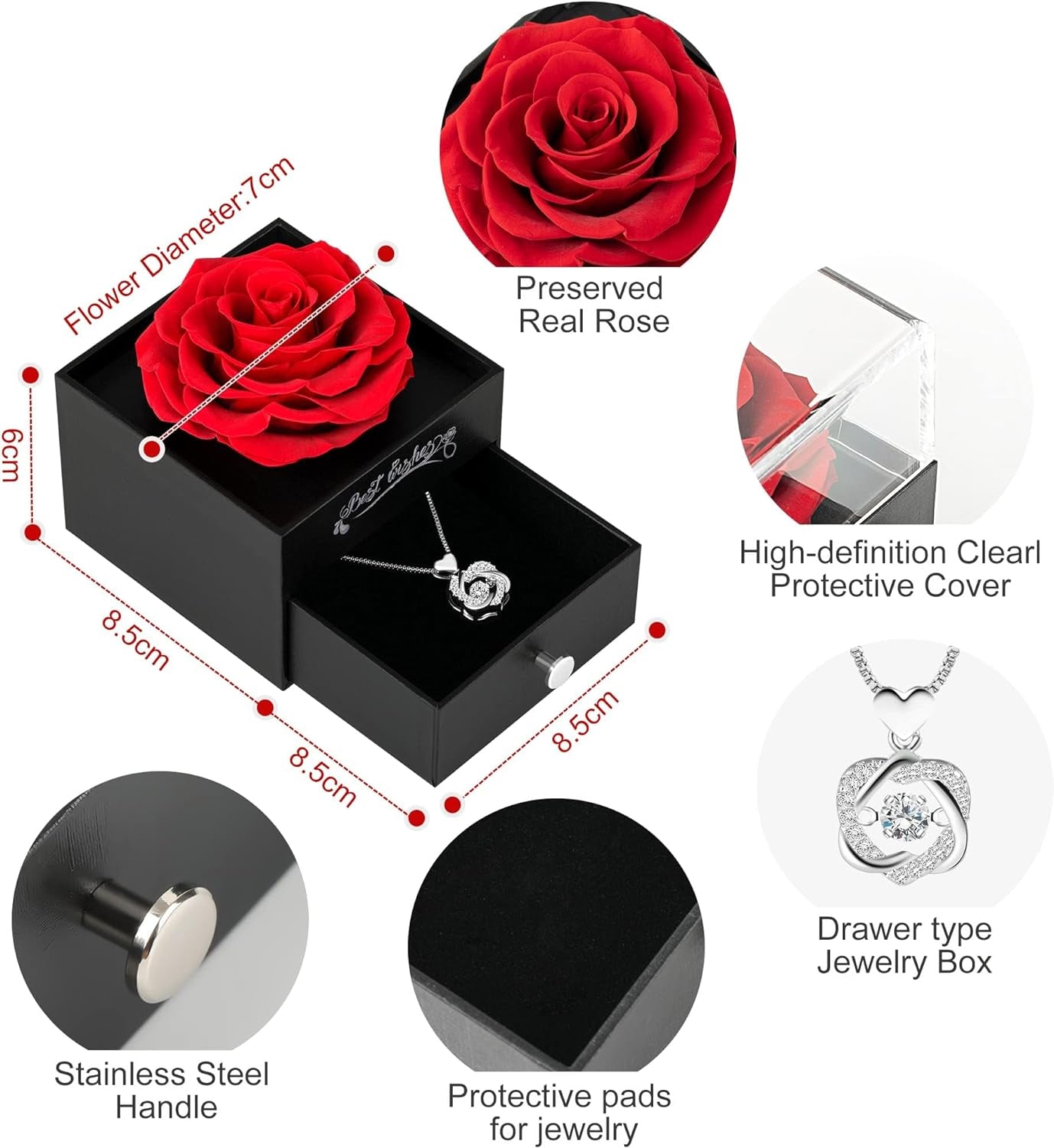 Rosa Eterna Con Collar Regalos Para Mujer,Rosa Eterna Natural Preservada Caja Regalos Originales Para Mujer Pareja Mom Para Regalos San Valentin,Dia De La Madre,Aniversario,Cumpleaños,Navidad