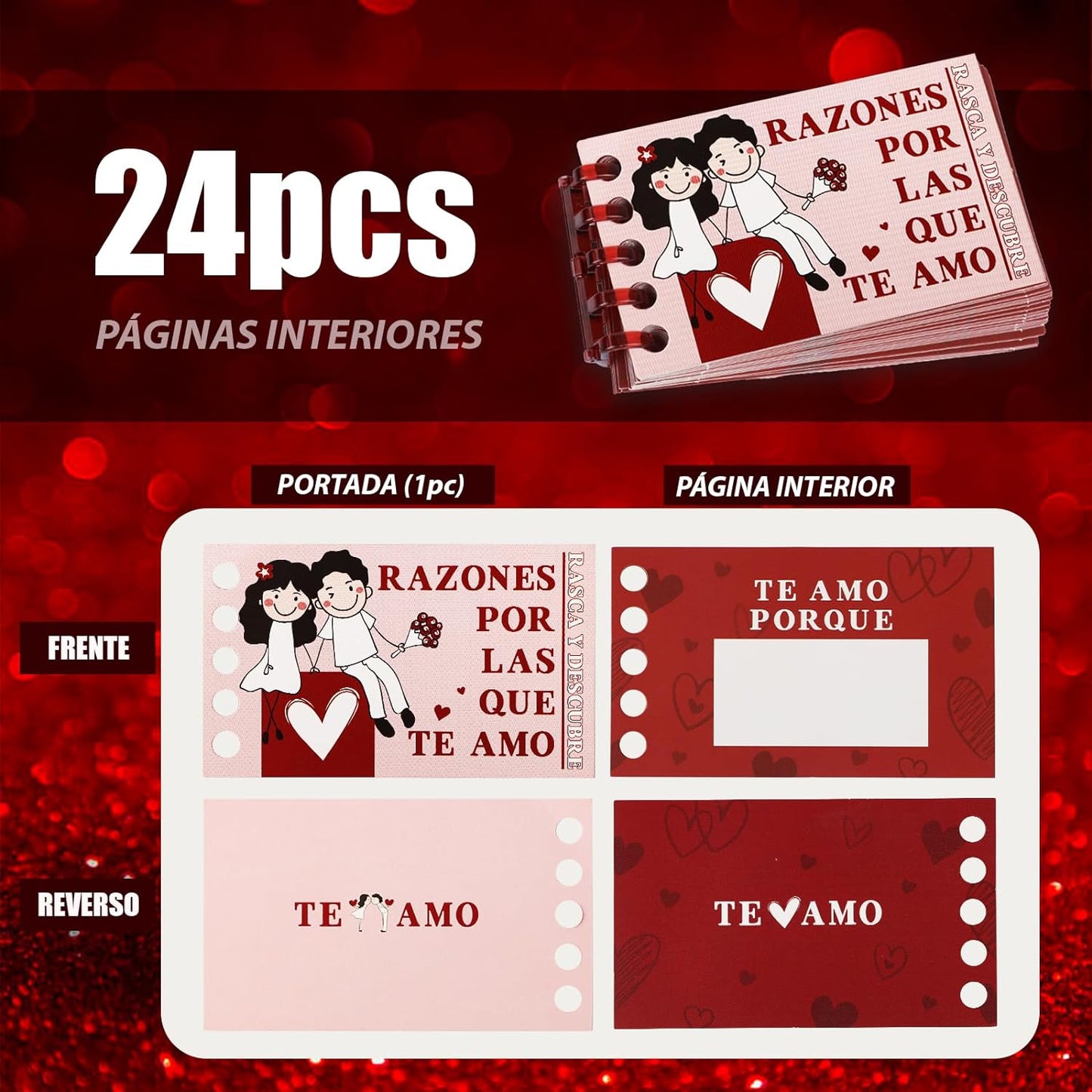 Regalo Pareja, Regalo Día San Valentín, 25* Tarjetas Felicitación Español + 24* Pegatinas Rasca + 1* Canutillo Encuadernar, Regalo Novia Novio Mujer Marido Aniversario Boda, Libreta Sorpresa