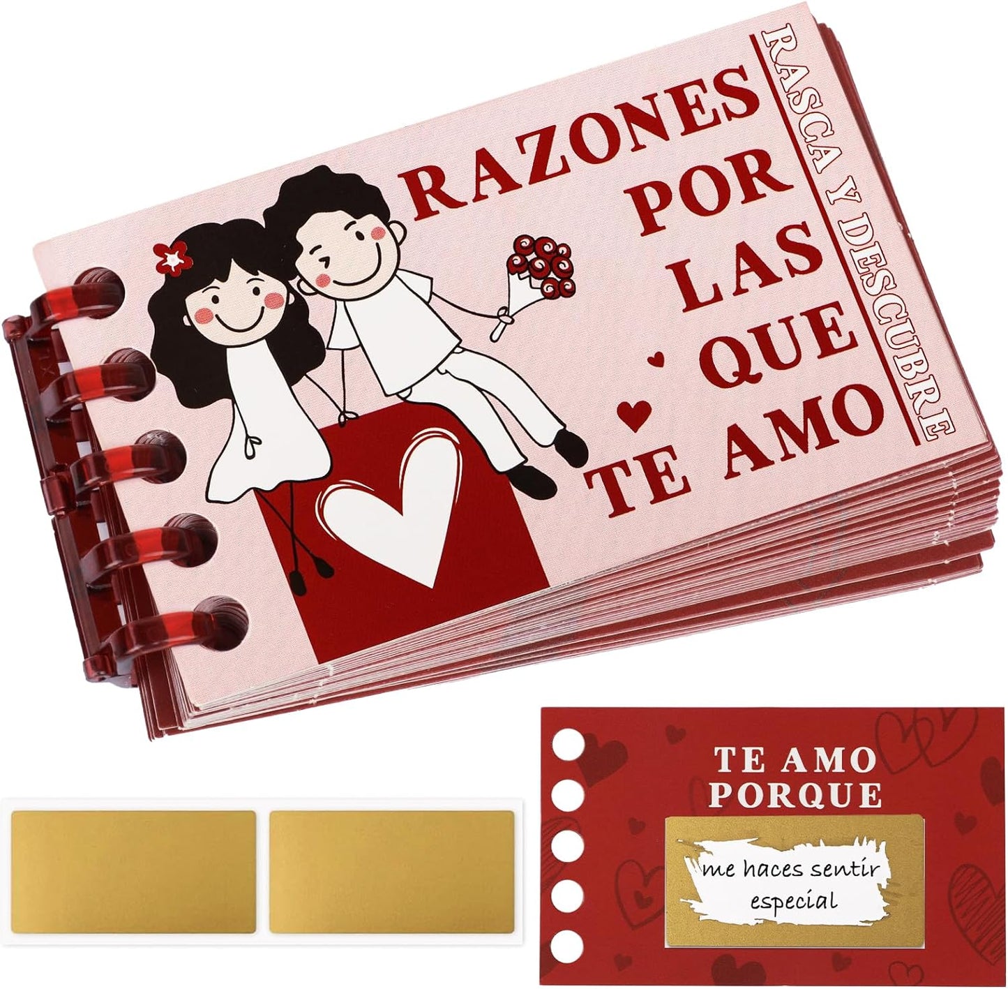 Regalo Pareja, Regalo Día San Valentín, 25* Tarjetas Felicitación Español + 24* Pegatinas Rasca + 1* Canutillo Encuadernar, Regalo Novia Novio Mujer Marido Aniversario Boda, Libreta Sorpresa